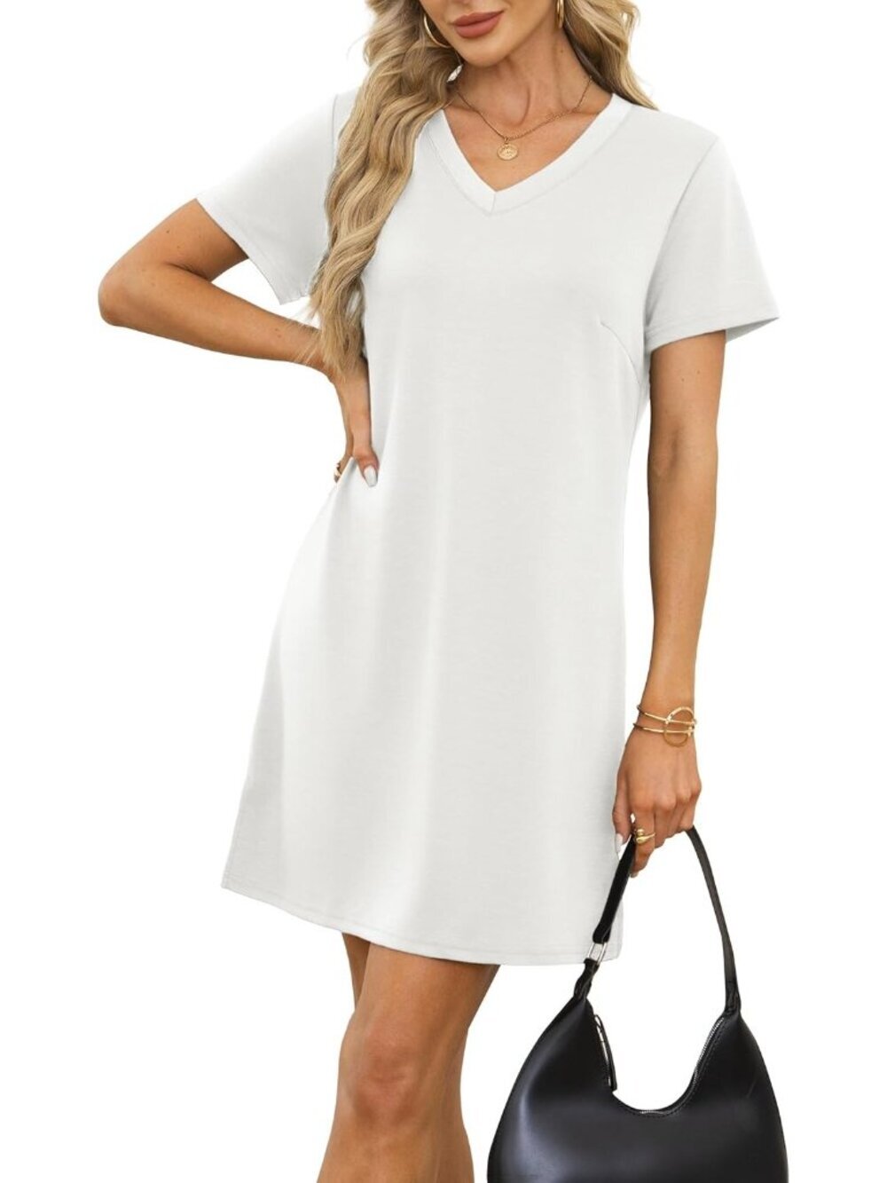 〽️Women's White V Neck Casual Summer Sundress Imported Pull On T Shirt